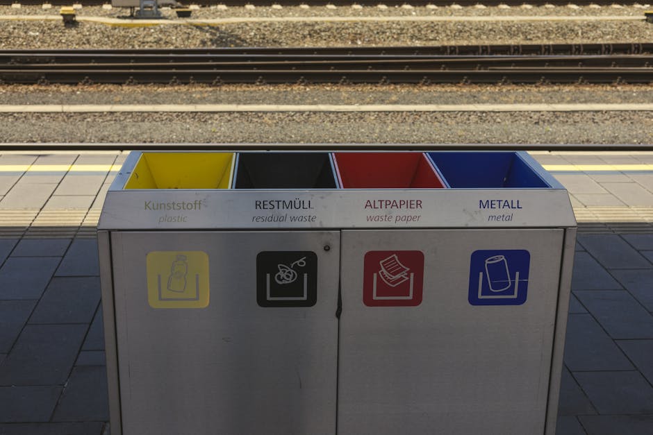 A four-compartment rubbish bin located on a train station platform, with designated sections for different types of waste. The bins are made of metal with a brushed finish, each marked with coloured l